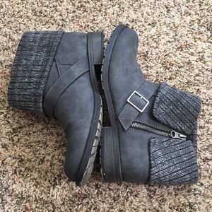 Charcoal gray ankle boots with fabric